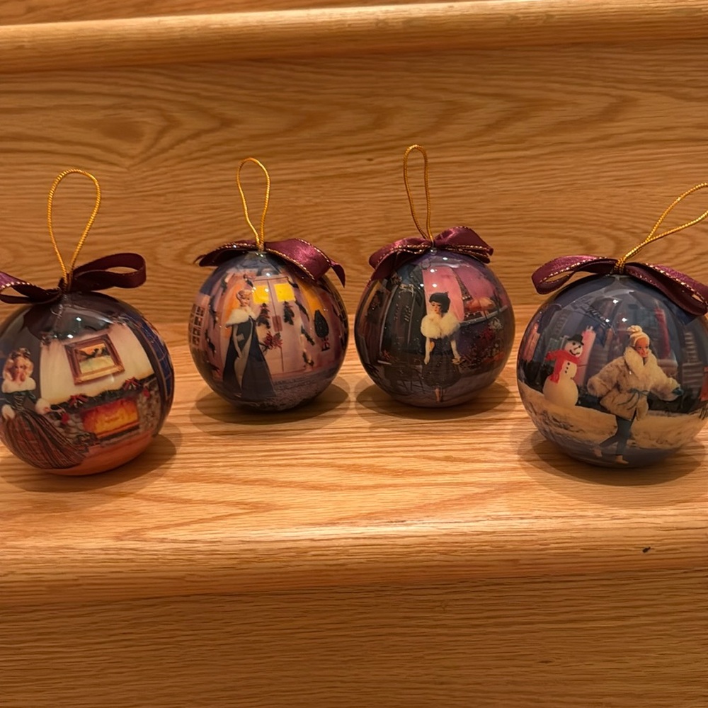 Set 4 Barbie Ornaments - Maroon Bows